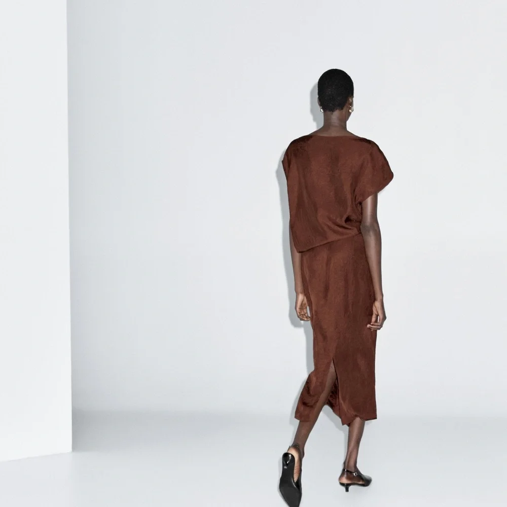 NWT Massimo Dutti Burgundy/Warm Chocolate Satin Midi Dress Size 2 US / 34 EUR - Picture 2 of 14